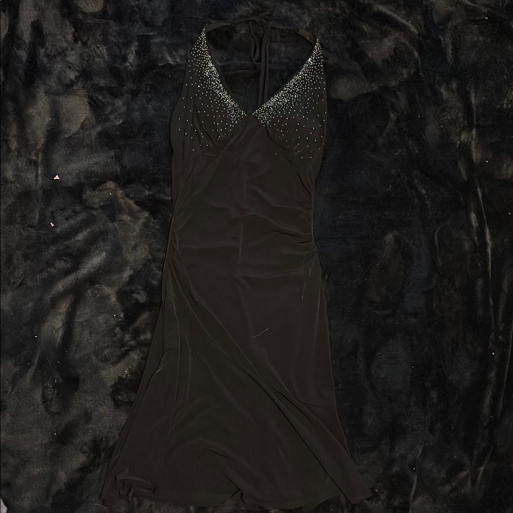 Elegant Black Halter Dress with Beaded Neckline